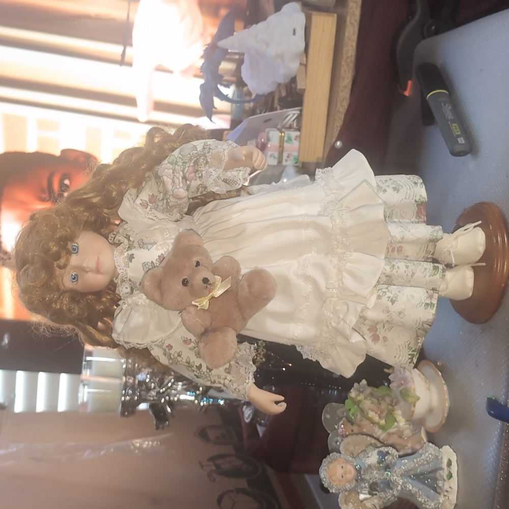 AVAILABLE - VBeautiful Porcelain Doll 17" tall bright eyes & teddy.